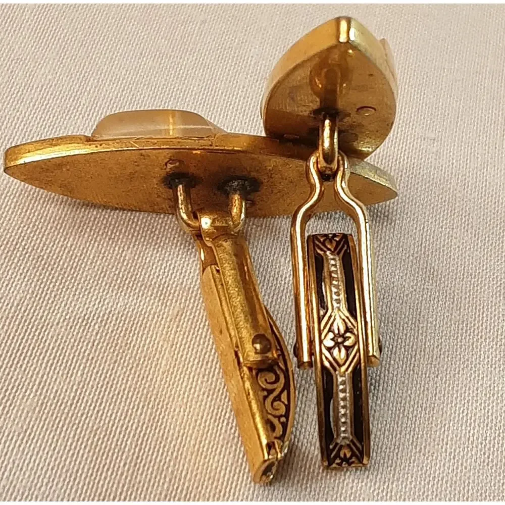 💎Ornate Cuff Links Damascene Design Smokey White Lucite Accent Decorated Posts